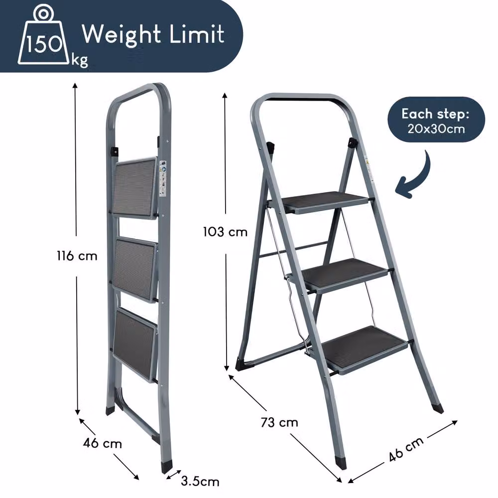 HD Designs 3 Step Folding Ladder with Anti-Slip Mat in Grey – 2