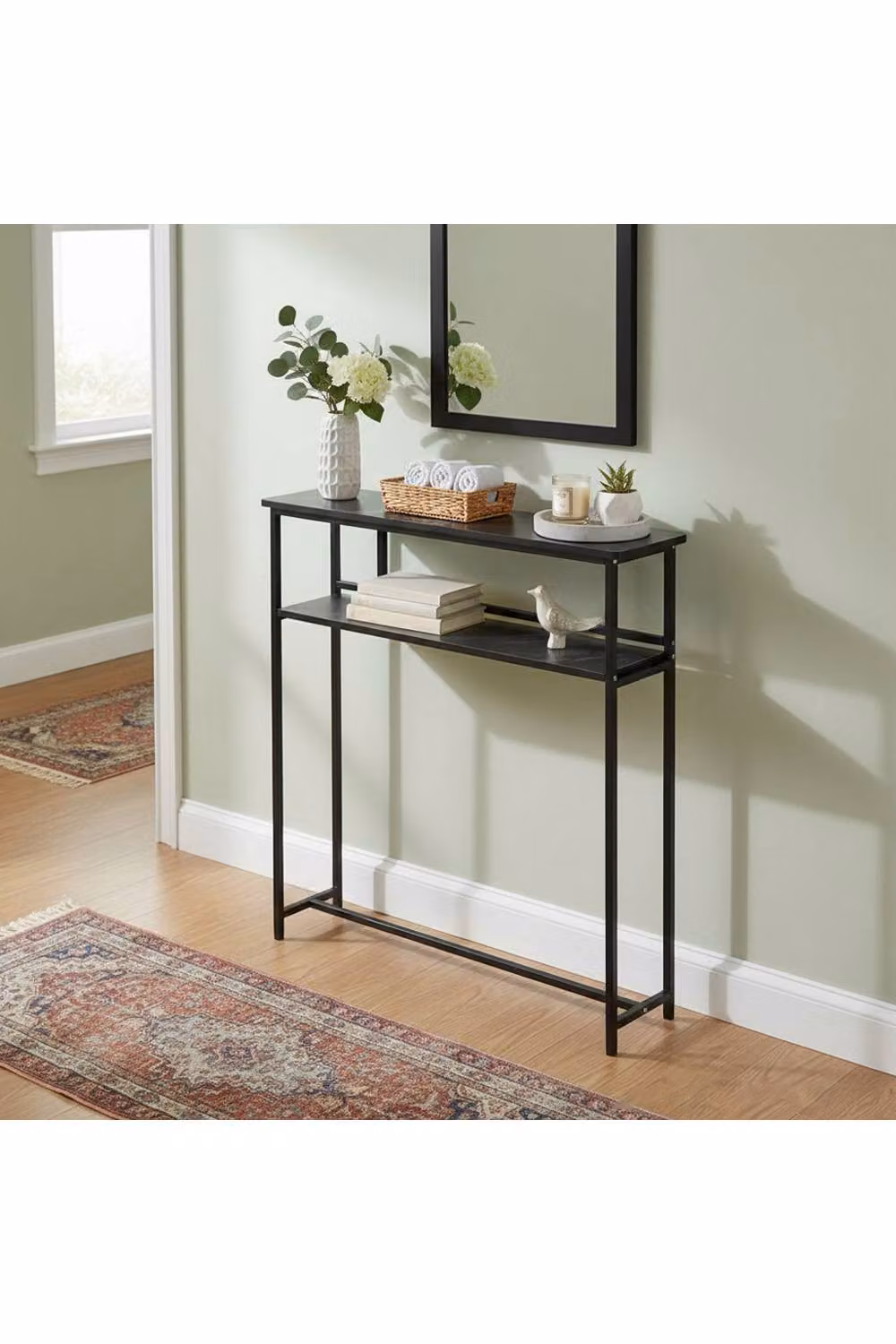 Living and Home 2-Tier Narrow Marble-Effect Console Table in Black – 2