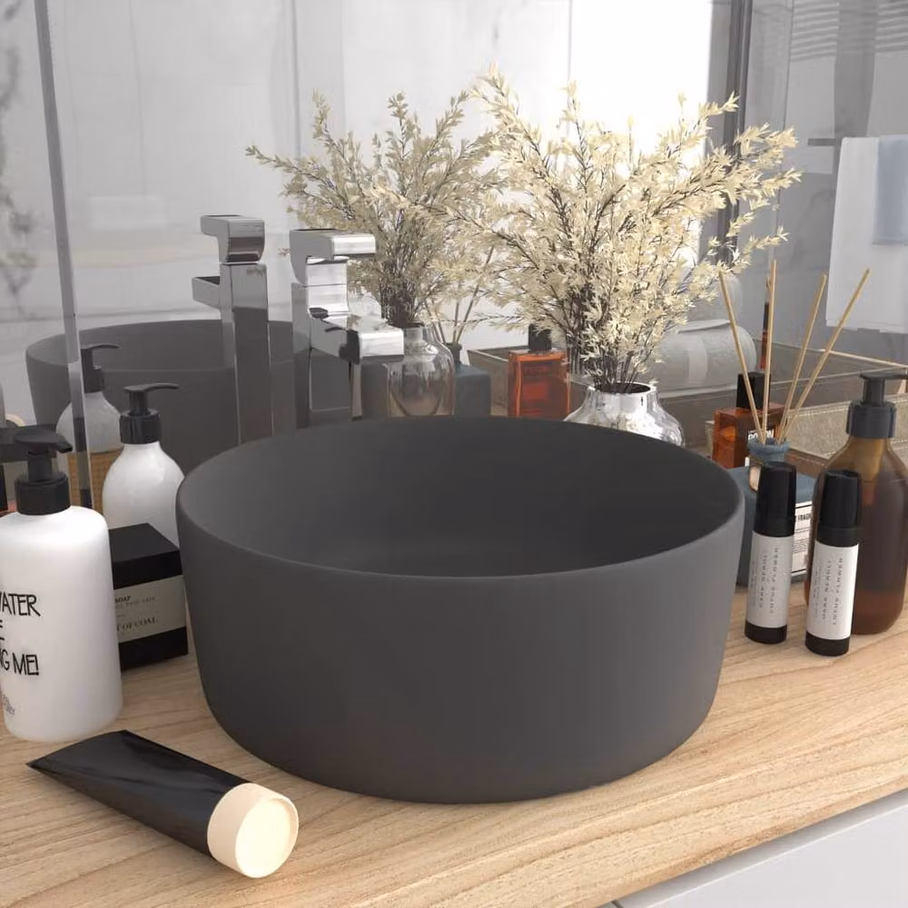 Berkfield Home Luxury Round Ceramic Wash Basin in Matt Dark Grey, W/D/H: 40 x 40 x 15 cm – 2
