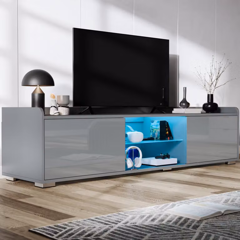 DHS Grey High Gloss TV Unit with LED Lights and 2 Door Storage Cabinets, Width: 160 cm