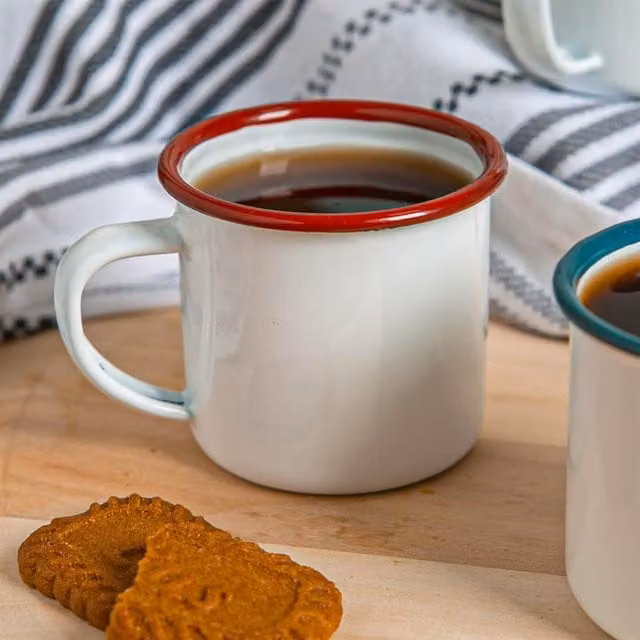 Argon Tableware Pack of 6 Red and White Enamel Espresso Cups, 130ml