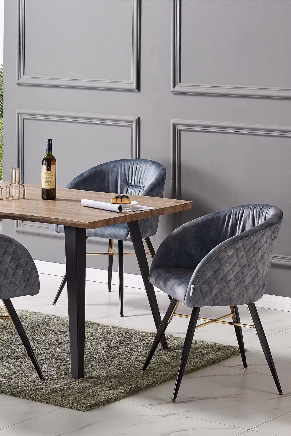 Life Interiors Vittorio Velvet Dining Chair with Armrests in Grey and Black Metal Legs – 3