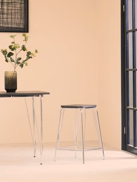 Orsina Industrial Metal and Elm Wood Square Bar Stool, Silver, W: 42 cm, D: 42 cm, H: 62 cm – 1