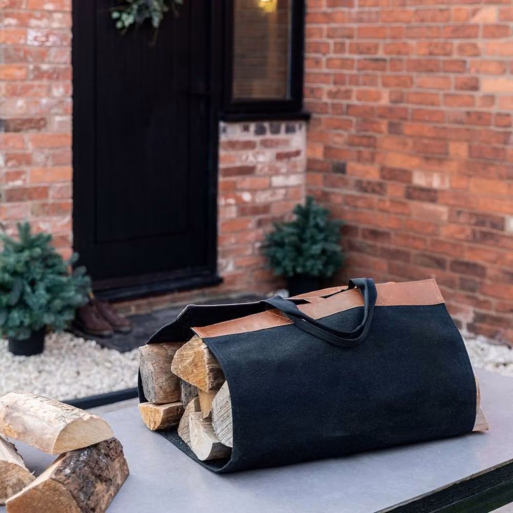 Lemon Pavilion Fabric Log Bag with Faux Leather in Black, W: 46 cm, D: 45.5 cm, H: 100 cm – 3