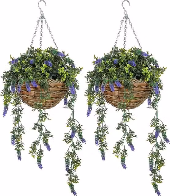 HOMCOM Set of 2 Purple Artificial Lavender Flowers in Metal Hanging Baskets – 1
