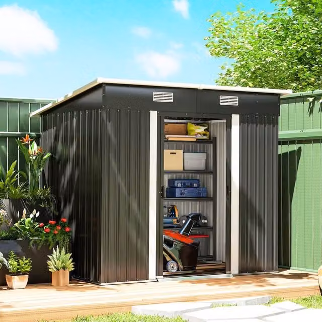 OUTSUNNY Black Steel Pent Garden Storage Shed with Sliding Doors and Side Vent