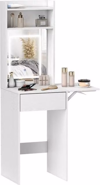 FORGEVIO Compact White Drop Leaf Dressing Table with Hollywood LED Mirror – 1