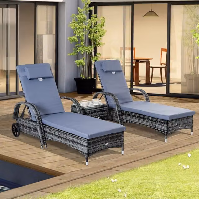 Outsunny Grey Polyrattan Wicker Sun Lounger Set with Weatherproof Cushions