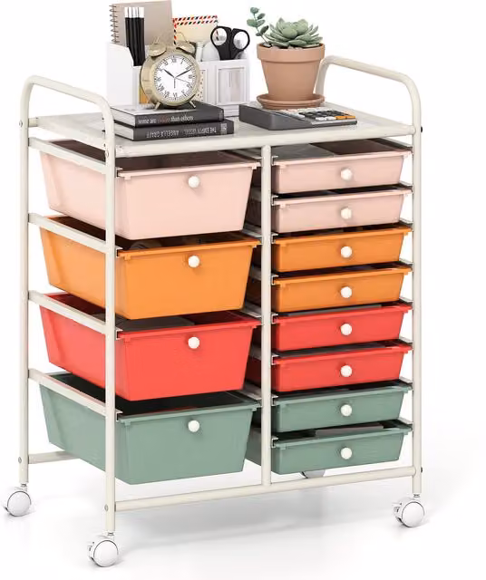Costway Macaron Multi-Purpose Utility Cart in Pink and Multicolour with Castors