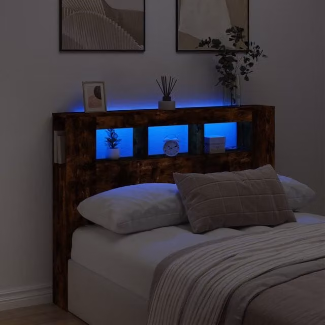 Berkfield Home LED Headboard in Smoked Oak Brown, W/D/H: 140 x 18.5 x 103.5 cm