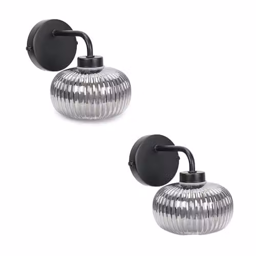 ValueLights Amaia Pair of Matte Black IP44 Rated Wall Lights with Smoked Ribbed Glass Shades – 1