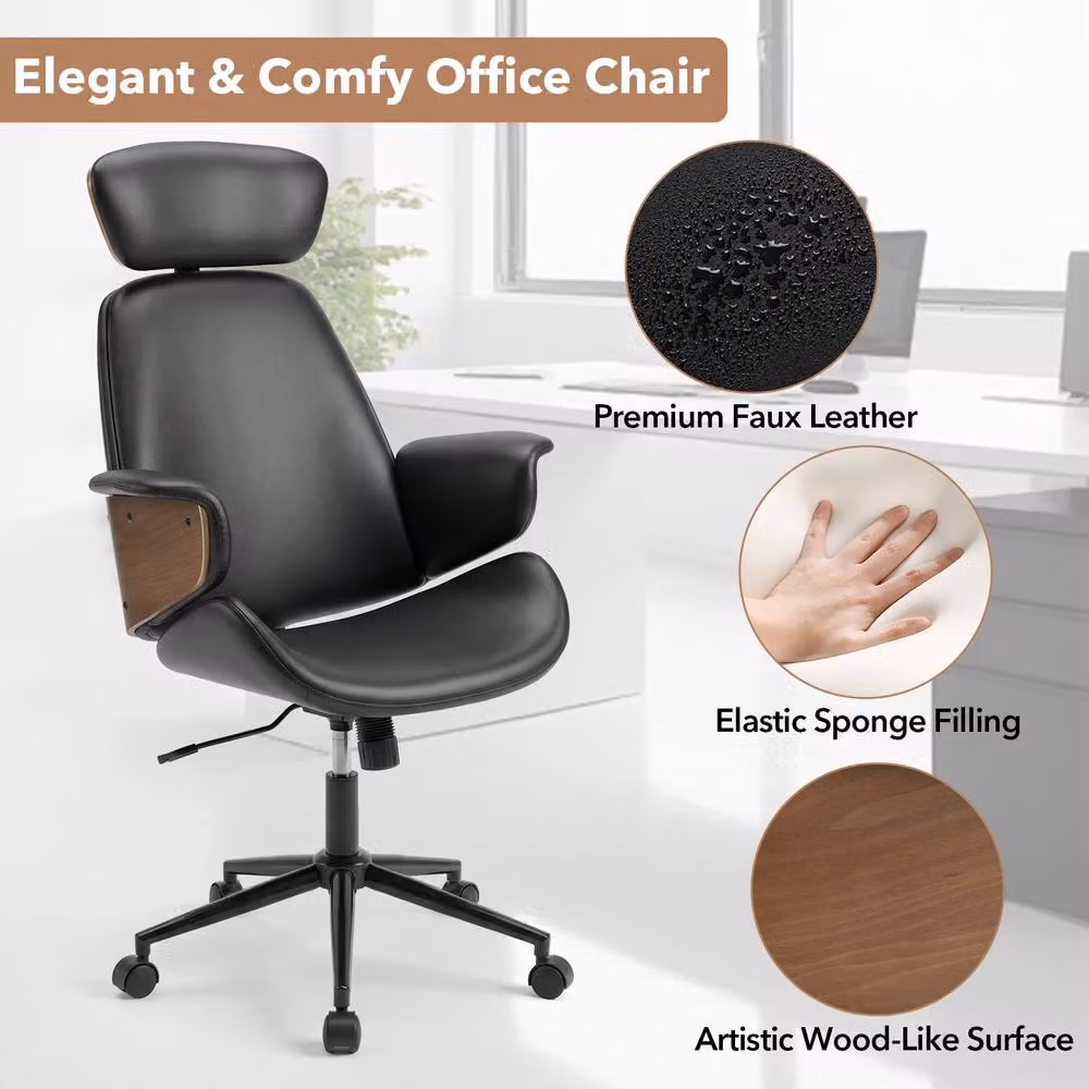 Costway Mid Century Modern Ergonomic Office Chair in Black Synthetic Leather with Headrest and Weight Adjustment – 6