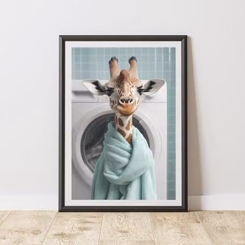 60 Second Makeover Giraffe In Washing Machine Paper Poster Wall Art, Multicolour, W: 21.0 cm, H: 29.7 cm