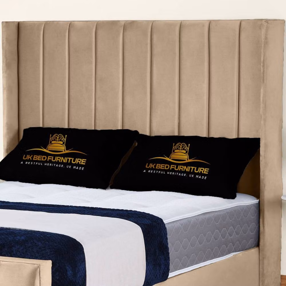 UK Bed Furniture Empire Winged Slatted Base Upholstered Velvet Bed in Beige, Size: 180 x 200 cm – 2