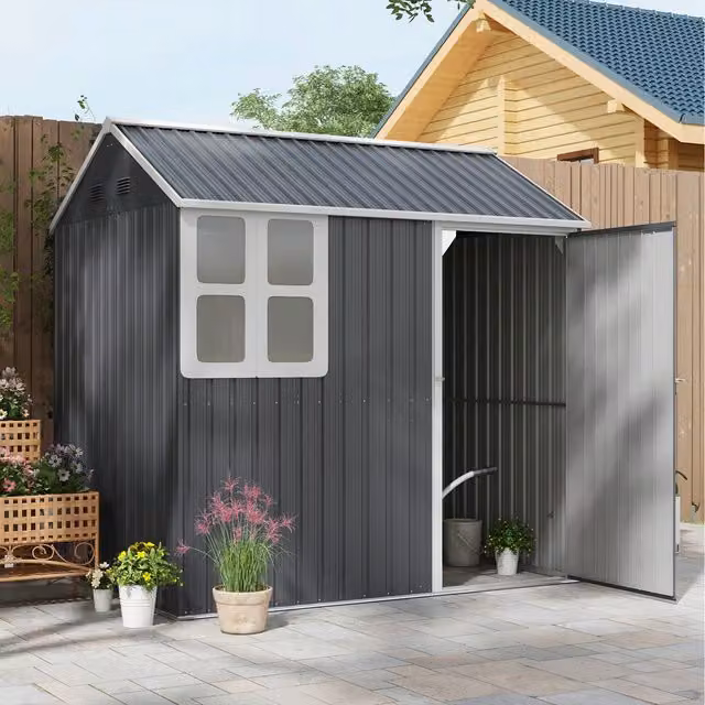 Outsunny Modern Metal Outdoor Garden Shed with Double Doors, Window and Lock in Dark Grey