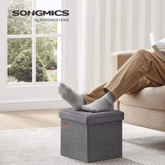 SONGMICS Foldable Fabric Storage Ottoman in Grey