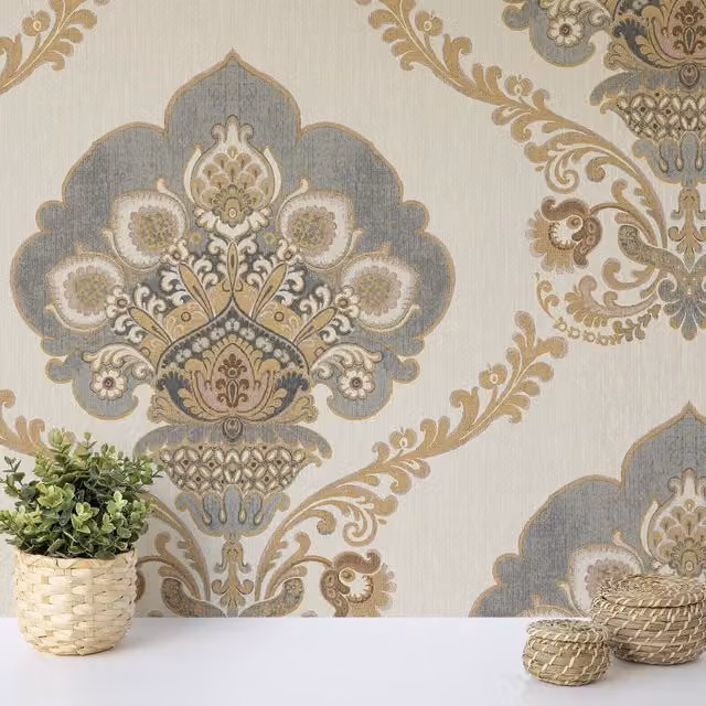 Wallquest Classic Damask Abstract Wallpaper in Gold, White, Blue and Grey