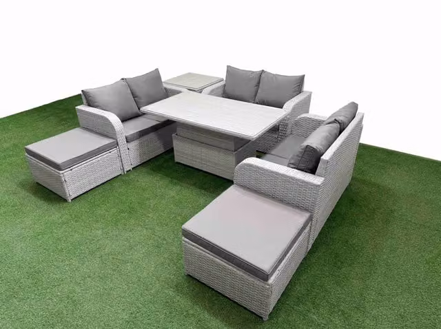 Fimous 8 Seater Grey PE Wicker Rattan Garden Furniture Set with Adjustable Lifting Dining or Coffee Table, 2 Seater Love Sofa, 2 Footstools and Side Table