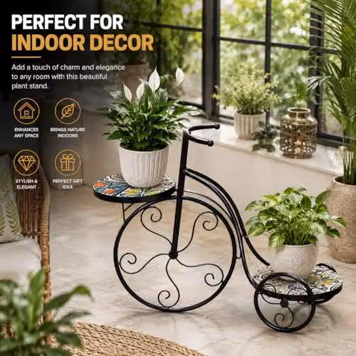 SHATCHI Mediterranean Mosaic Tricycle Plant Stand with Geometric Metal Tile Top, H 65 x W 26 x D 65 cm – 4