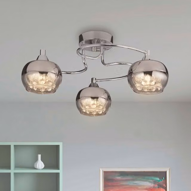 Lighting Collection 3-Light Rose Chrome and Glass Ceiling Flush Light with Crystal Decorations