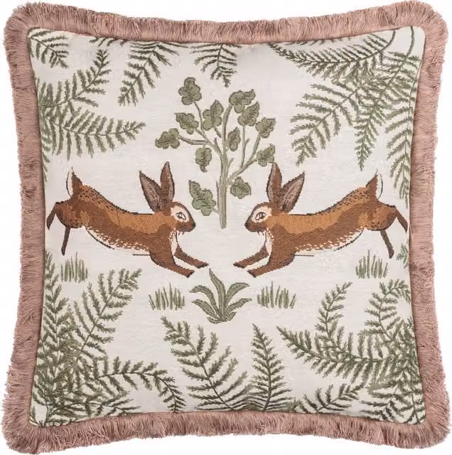 Fable Rabbits Embroidered Cotton Square Cushion in Green and White with Feather Filling