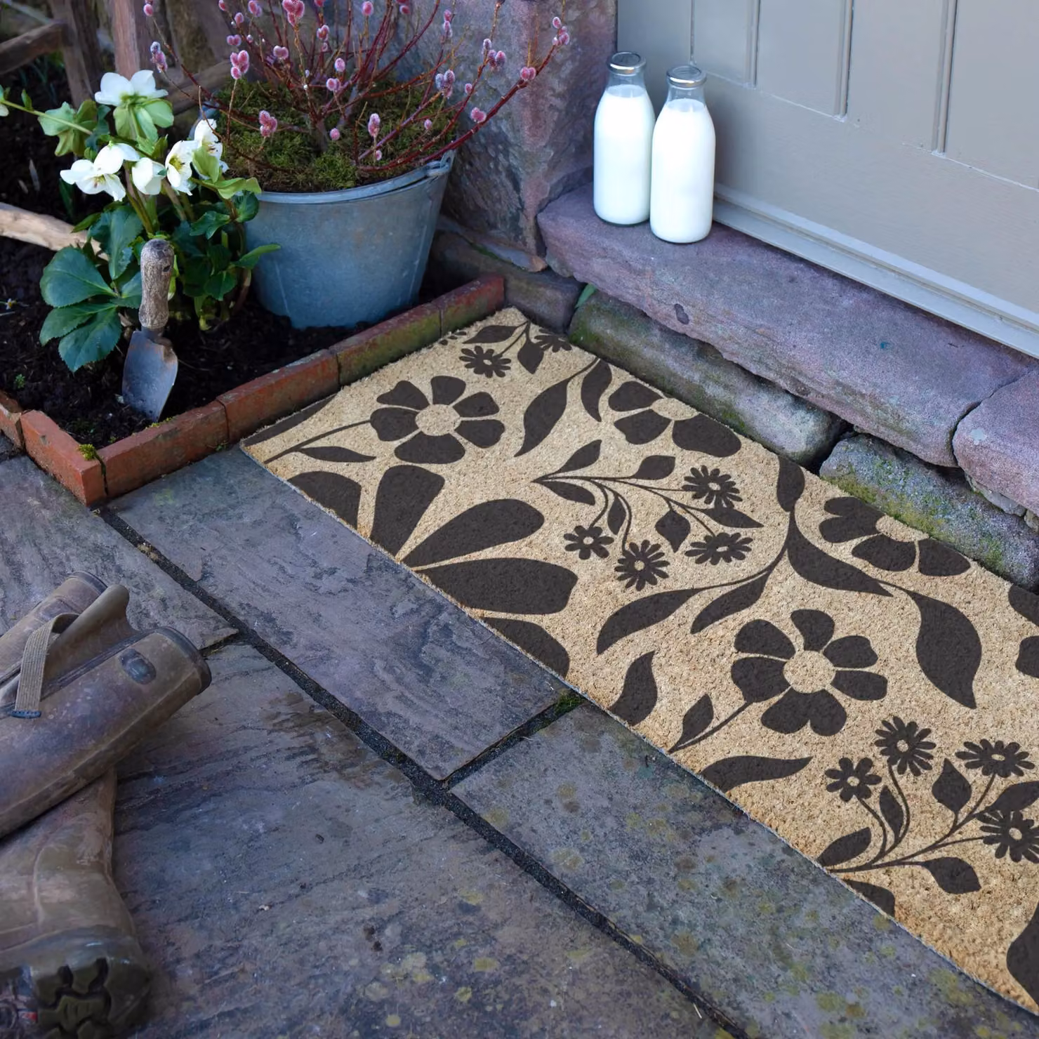 Artsy Mats Black Floral Pattern Coir Doormat in Brown, W: 120 cm, D: 40 cm – 3