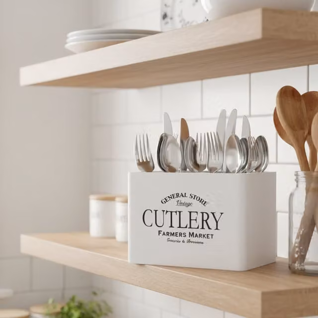 Maison Des Cadeaux White Farmhouse Cutlery Caddy with Vintage Print in Solid Wood