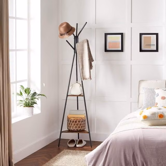The Bazaarist Industrial Hallway Coat Stand with Shelves in Black and Brown