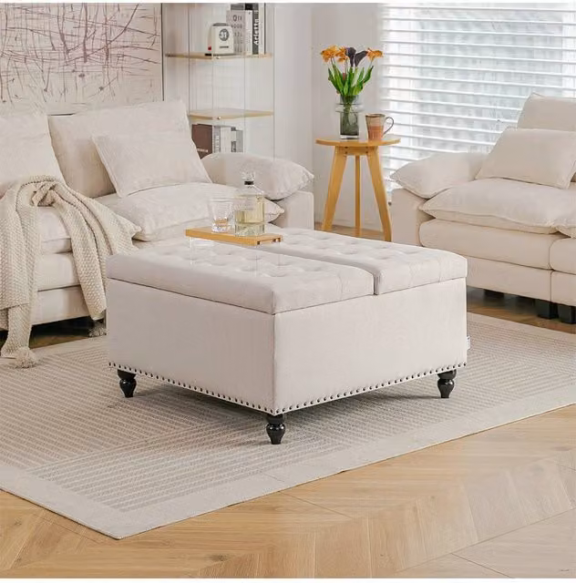 Living and Home Square Linen Upholstered Storage Ottoman with Lift-Top and Flip Design in White