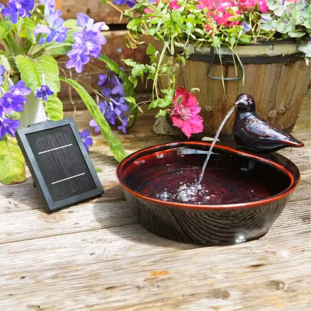 Primrose Red Glazed Ceramic Solar Powered Tabletop Dove Spout Water Feature Fountain