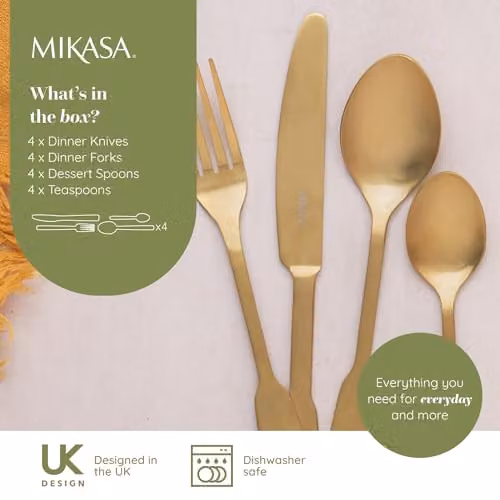 Mikasa Soho Gold Coated 16 Piece Stainless Steel Cutlery Set for 4 Adults – 2