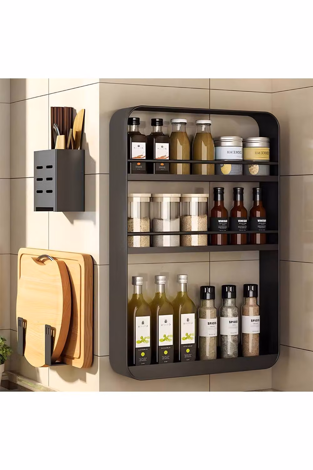 Living and Home 3-tier Wall-Mounted Metal Spice Rack and Kitchen Organiser in Matt Black – 3