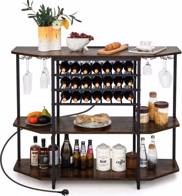 COSTWAY 3-Tier Industrial Freestanding Wine Rack in Brown