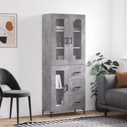 vidaXL Modern Highboard in Concrete Grey with Glass Doors and Internal Shelves, W/D/H: 69.5 x 34 x 180 cm – 2