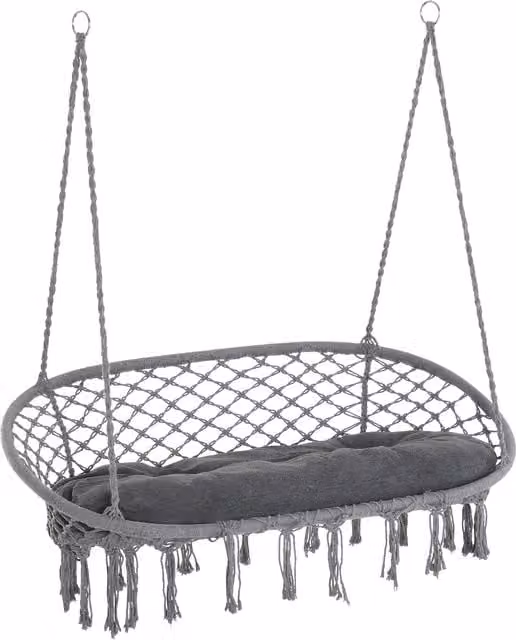 Outsunny Hanging Macrame Hammock Chair with Metal Frame and Cushion in Dark Grey