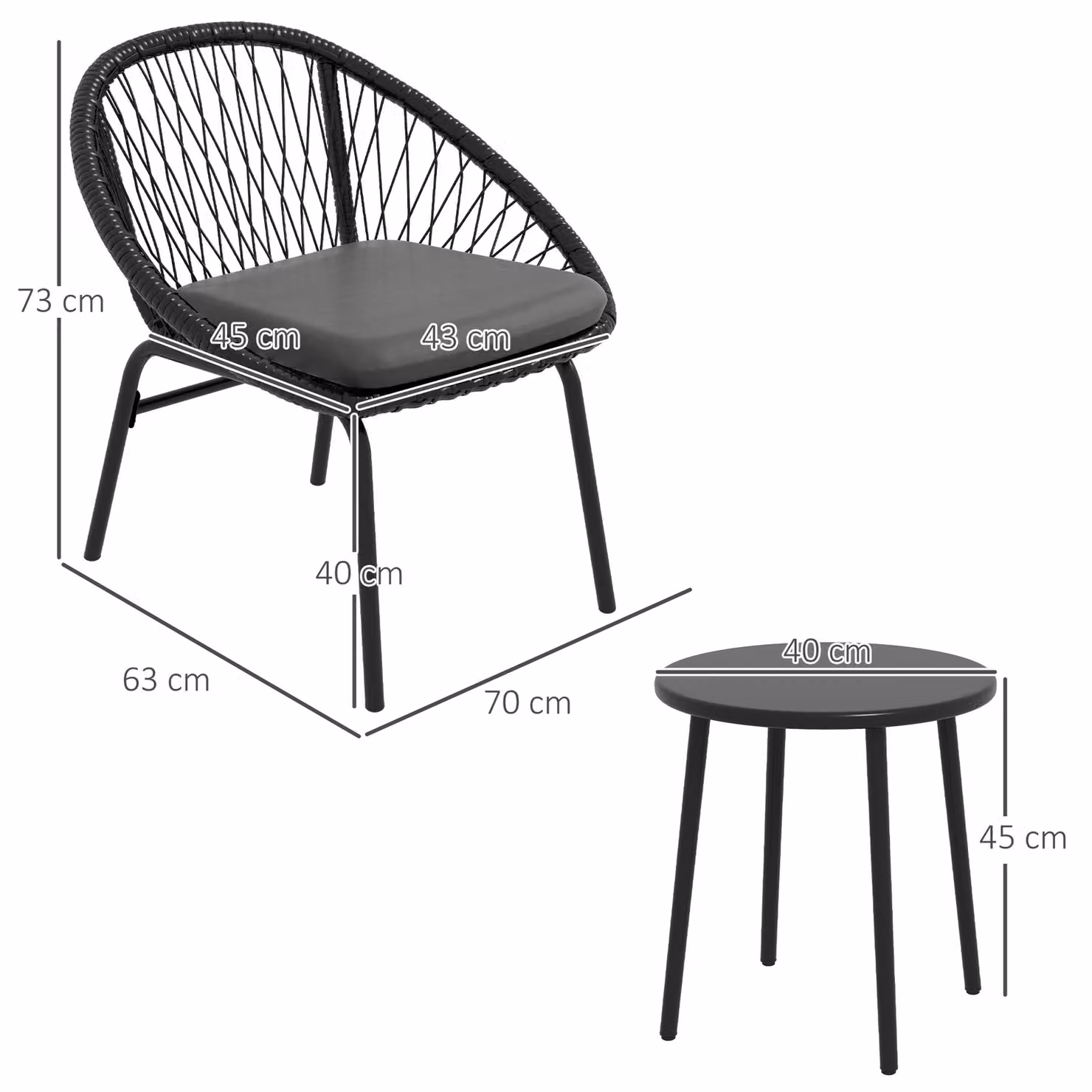 Outsunny 3 Piece Black PE Rattan Bistro Set with Cushions, 2 Armchairs and Round Metal Coffee Table – 3
