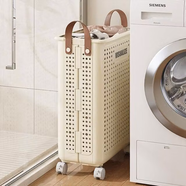Livingandhome Collapsible Laundry Basket with Wheels in Beige and White, W: 50 cm, D: 22 cm