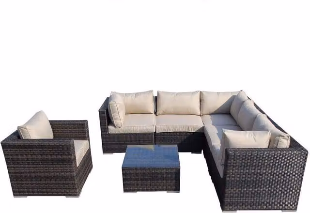 Furniture One 7 Piece L-Shape Sectional Rattan Garden Sofa Set in Brown and Beige
