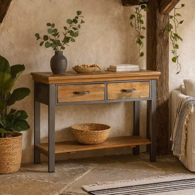 Wyld Haus 2 Drawer Acacia Wood Console Table in Brown, W: 115 cm, D: 40 cm, H: 77 cm – 1