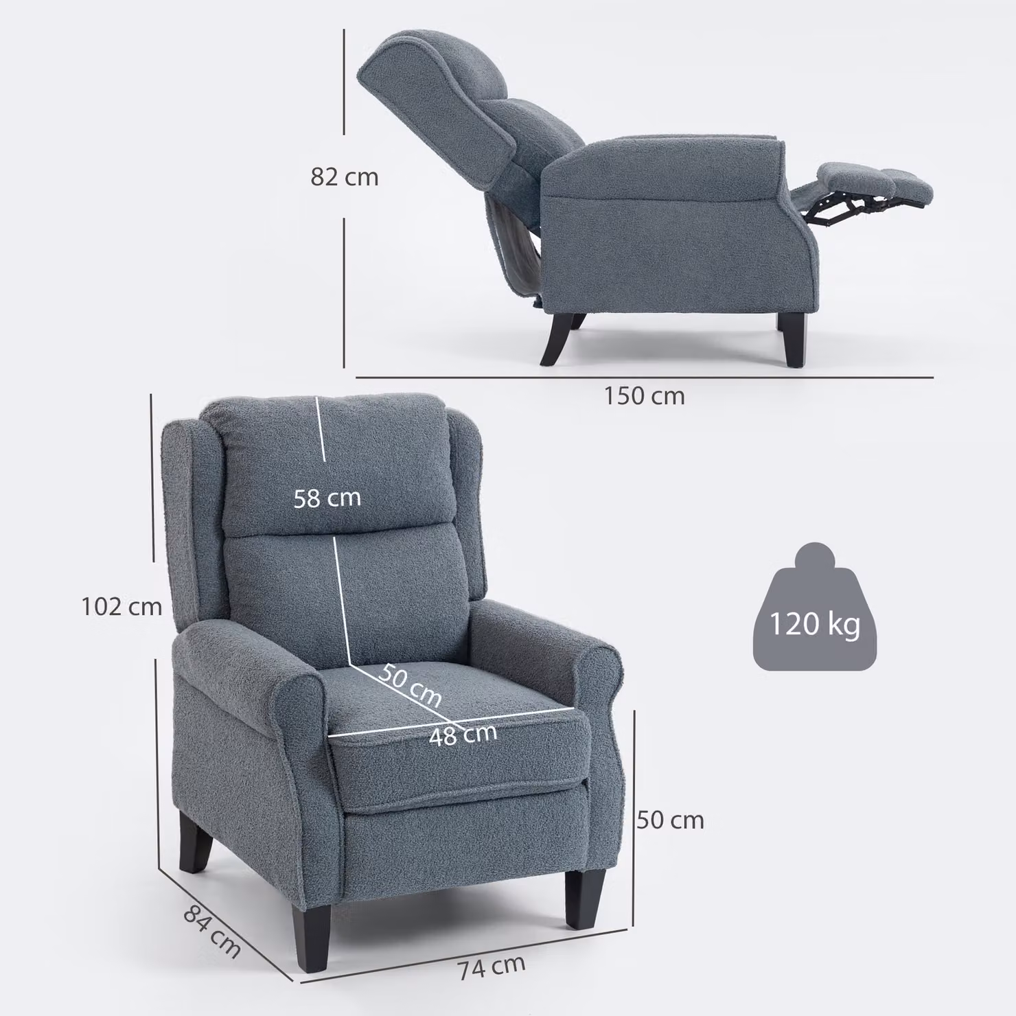 HOMCOM Grey Fabric Recliner Armchair with Extended Leg Rest and Metal Frame – 3