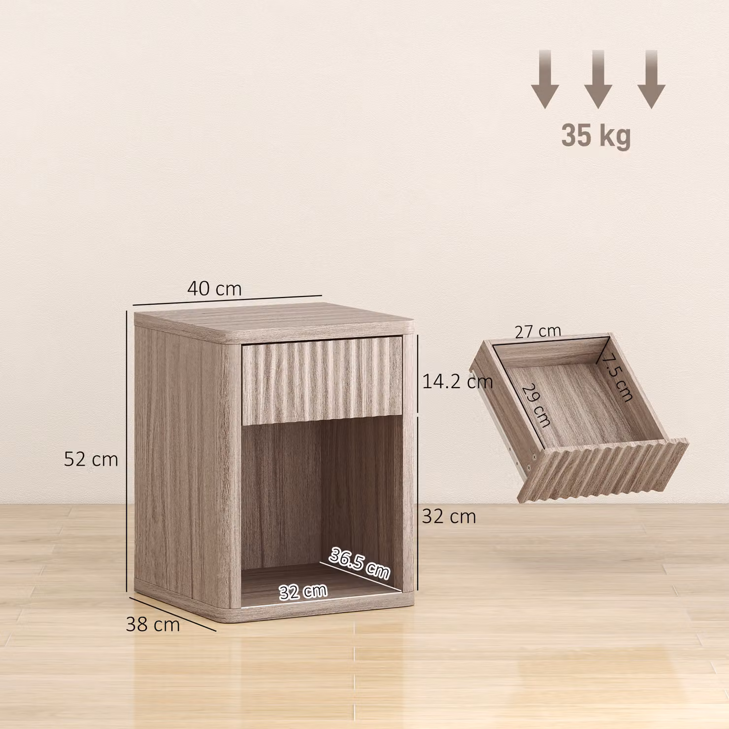 HOMCOM Set of 2 Modern Oak Bedside Tables with Drawer and Open Shelf – 3