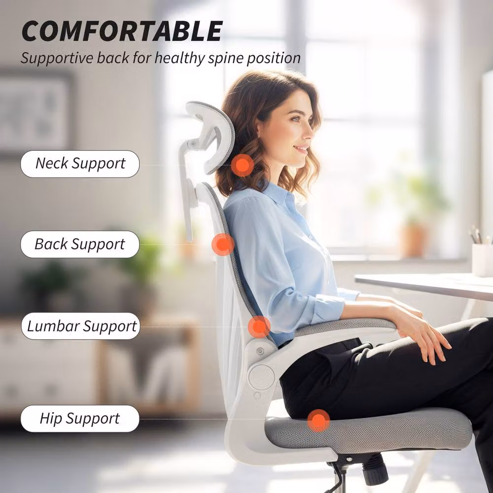 STILVORA Modern Grey Fabric Office Task Chair with Headrest and Armrests – 3