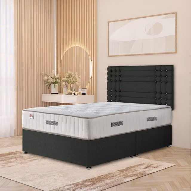 Somnior Beds Ltd Modern Upholstered Fabric Divan Bed Frame and Headboard with Drawers in Anthracite Grey, W/D/H: 180 x 200 cm