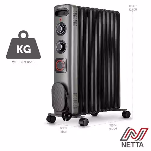 Netta 2500W Electric Oil Filled Radiator with Thermostat and 24 Hour Timer, Silver Grey – 7