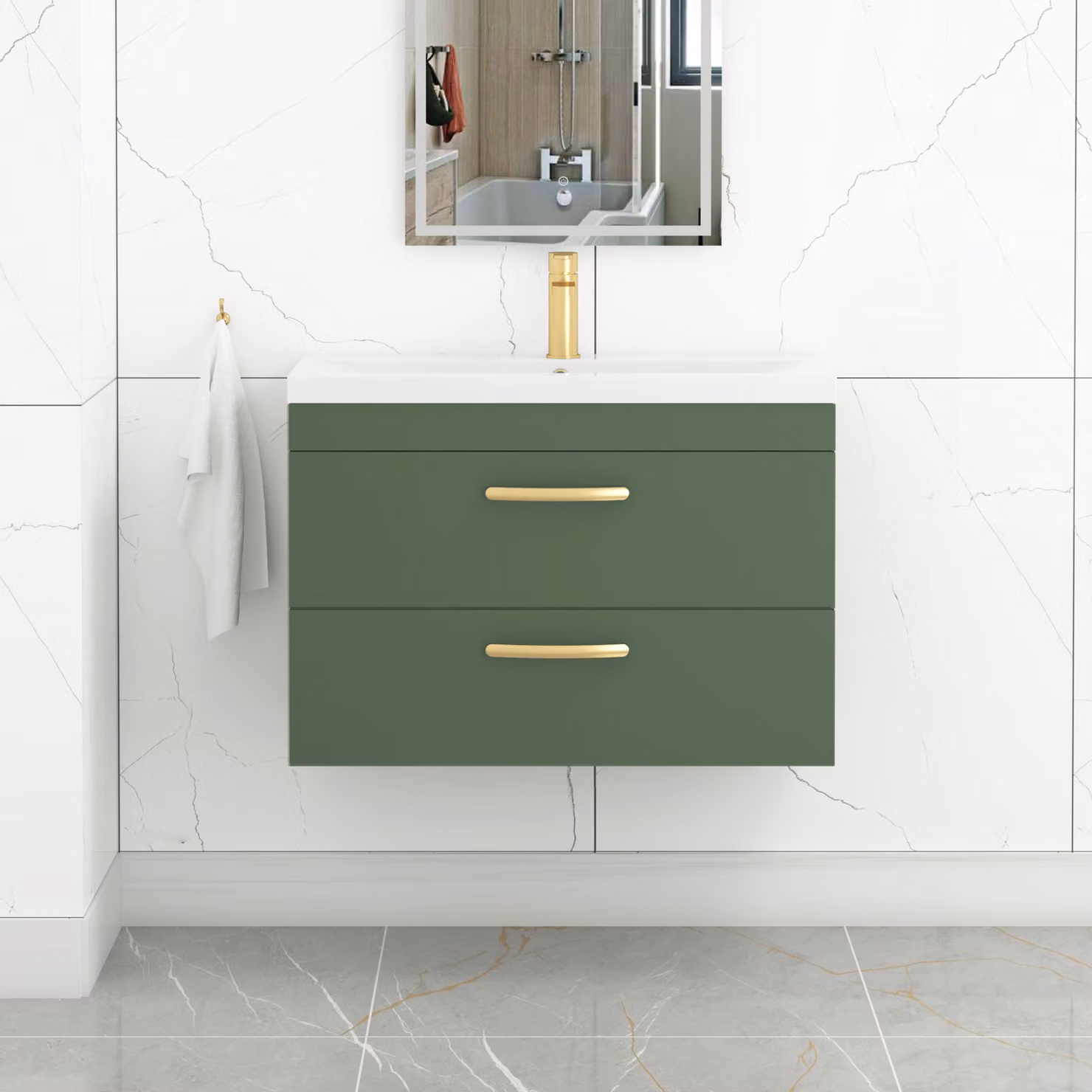 Royal Bathrooms Turin Wall Hung Vanity Unit with Mid-Edge Basin, Matt Green, 80cm Width