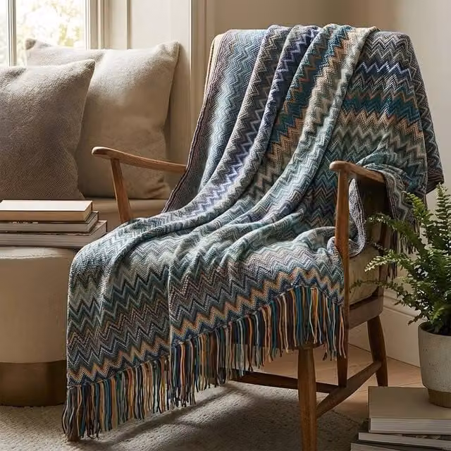 NESTLUNE Blue Wave Striped Knitted Throw Blanket, W: 130 cm, D: 160 cm – 1
