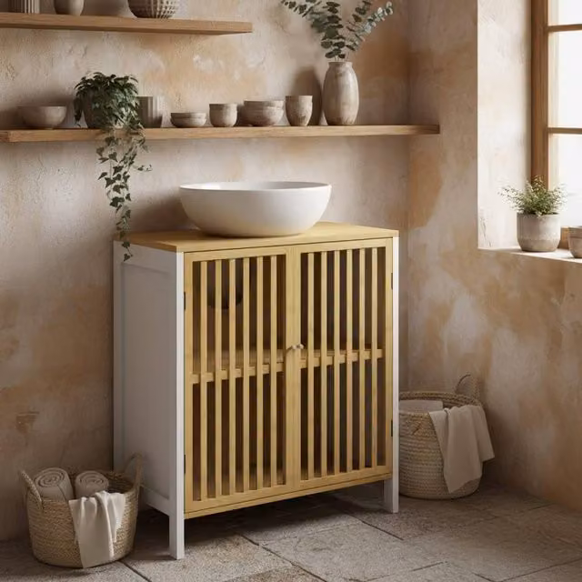 Wyld Haus Neyora Bamboo Under Sink Bathroom Cabinet in White, W/D/H: 70 x 30 x 60 cm – 1