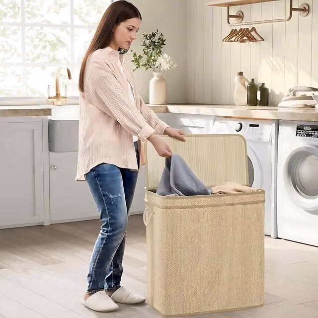 The Bazaarist Double Bamboo Laundry Hamper with Lid and Removable Bag in Beige/Sand