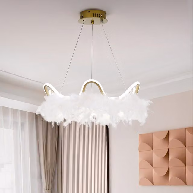 Komore White and Gold Feather Pendant Light with LED Strip