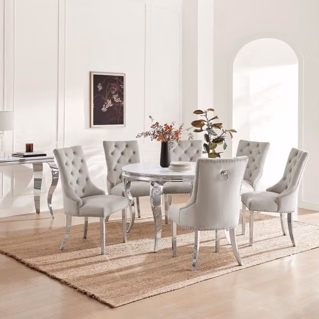 FurnitureboxUK Skye Round White Marble Effect Dining Table with 6 Grey Velvet Belgravia Chairs